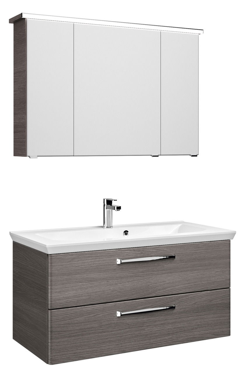 Moderner Badblock mit weißem Spiegelschrank und grauem Waschtisch, Frontansicht.
