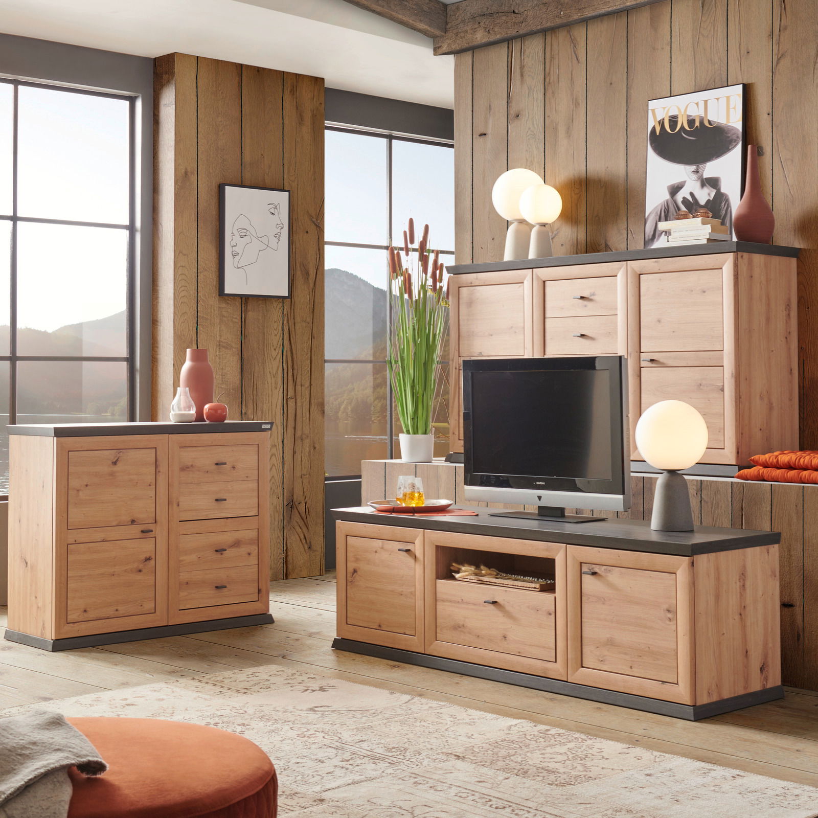 Hom´in Sideboard BENTON Wohnzimmermöbel-Set aus Holz mit Highboard, TV-Lowboard und Sideboard in moderner Einrichtung, seitliche Perspektive