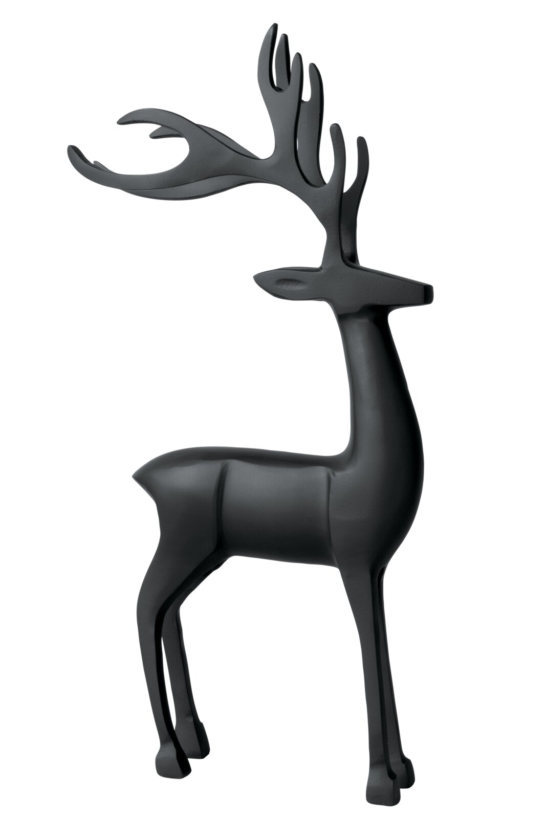 Schwarze, stilisierte Hirschfigur mit imposantem Geweih, freistehend in seitlicher Dreiviertelansicht vor weißem Hintergrund