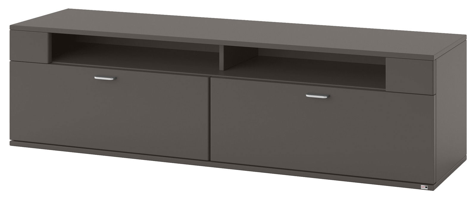 Set one by Musterring TV-Lowboard TACOMA Modernes TV-Lowboard in dunklem Grau mit zwei Schubladen und offenen Fächern, seitliche Perspektive