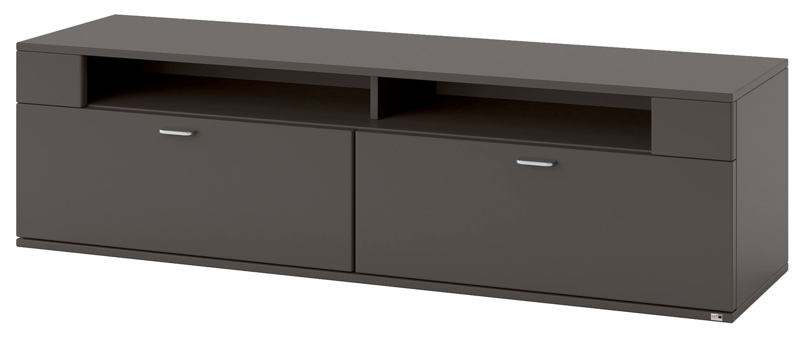 Set one by Musterring TV-Lowboard TACOMA Modernes TV-Lowboard in dunklem Grau mit zwei Schubladen und offenen Fächern, seitliche Perspektive