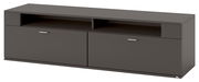 Modernes TV-Lowboard in dunklem Grau mit zwei Schubladen und offenen Fächern, seitliche Perspektive