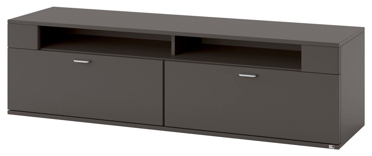 Set one by Musterring TV-Lowboard TACOMA Modernes TV-Lowboard in dunklem Grau mit zwei Schubladen und offenen Fächern, seitliche Perspektive