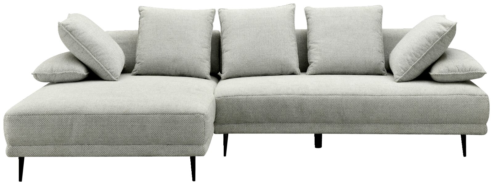 Graues Ecksofa mit linker Ottomane, fünf Kissen und schwarzen Beinen, Frontalansicht