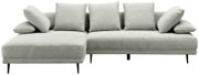 Graues Ecksofa mit linker Ottomane, fünf Kissen und schwarzen Beinen, Frontalansicht