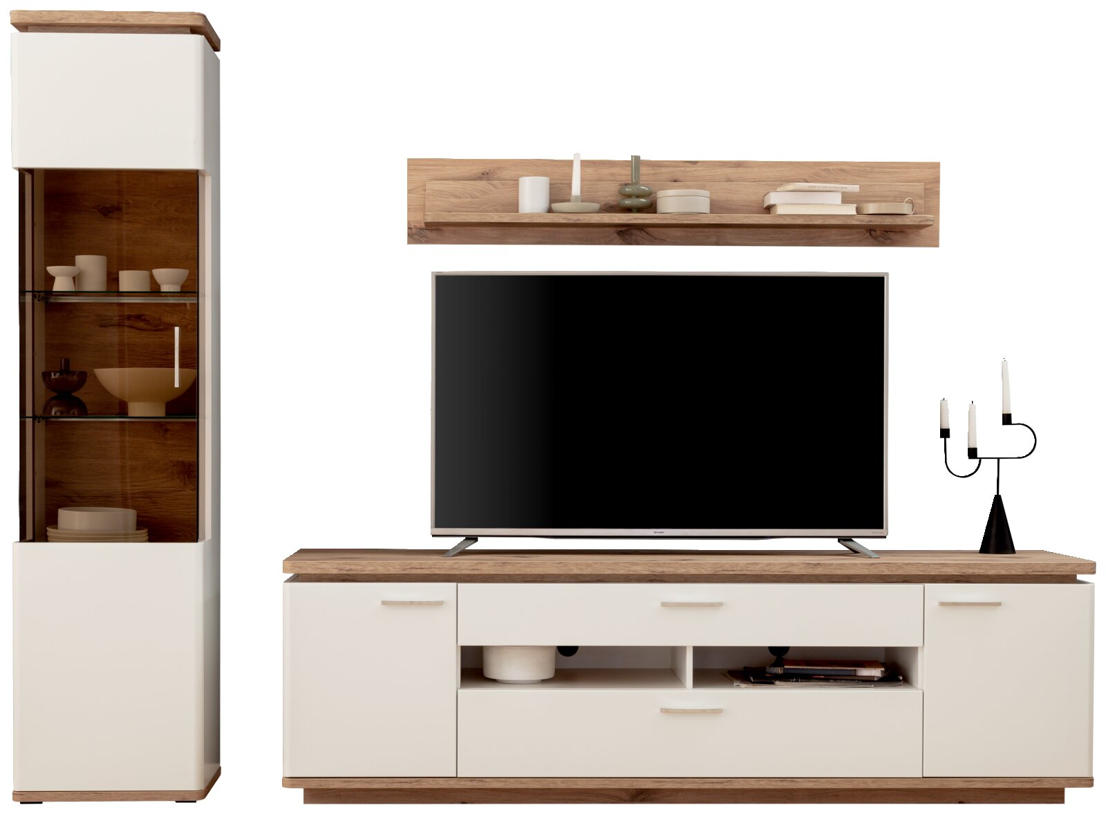 Wohnwand/TV-Möbel-Set in Weiß und Eicheoptik mit Vitrine, Lowboard und Wandregal, frontal aus der Vorderansicht auf weißem Hintergrund