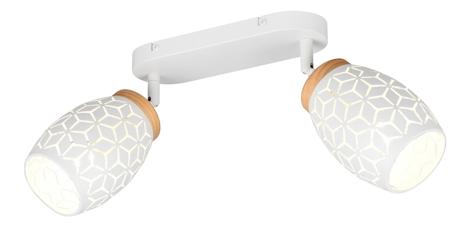 Reality Leuchten Strahler BIDAR Zweiflammiger Strahler mit weißem, geometrisch gemustertem Schirm und Holzdetails, seitliche Perspektive