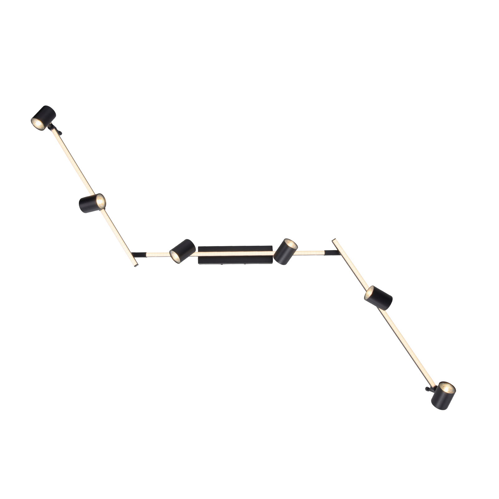 Moderne schwarze Deckenleuchte mit mehreren verstellbaren Armen und zylindrischen Lampenschirmen, Ansicht von unten.