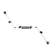 Moderne schwarze Deckenleuchte mit mehreren verstellbaren Armen und zylindrischen Lampenschirmen, Ansicht von unten.