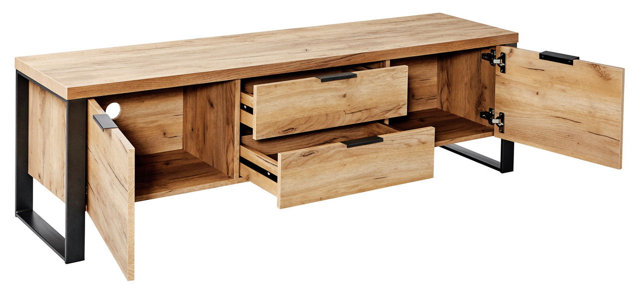 TV-Lowboard aus Holz mit zwei offenen Schubladen und zwei geöffneten Türen, seitliche Perspektive