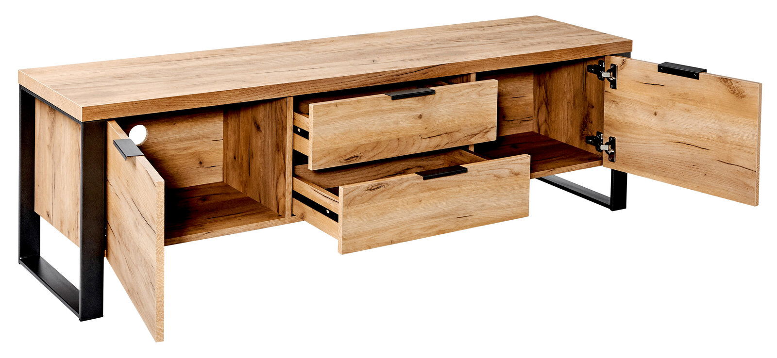 TV-Lowboard aus Holz mit zwei offenen Schubladen und zwei geöffneten Türen, seitliche Perspektive