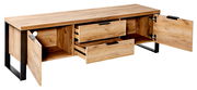 TV-Lowboard aus Holz mit zwei offenen Schubladen und zwei geöffneten Türen, seitliche Perspektive