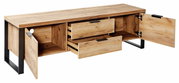 TV-Lowboard aus Holz mit zwei offenen Schubladen und zwei geöffneten Türen, seitliche Perspektive