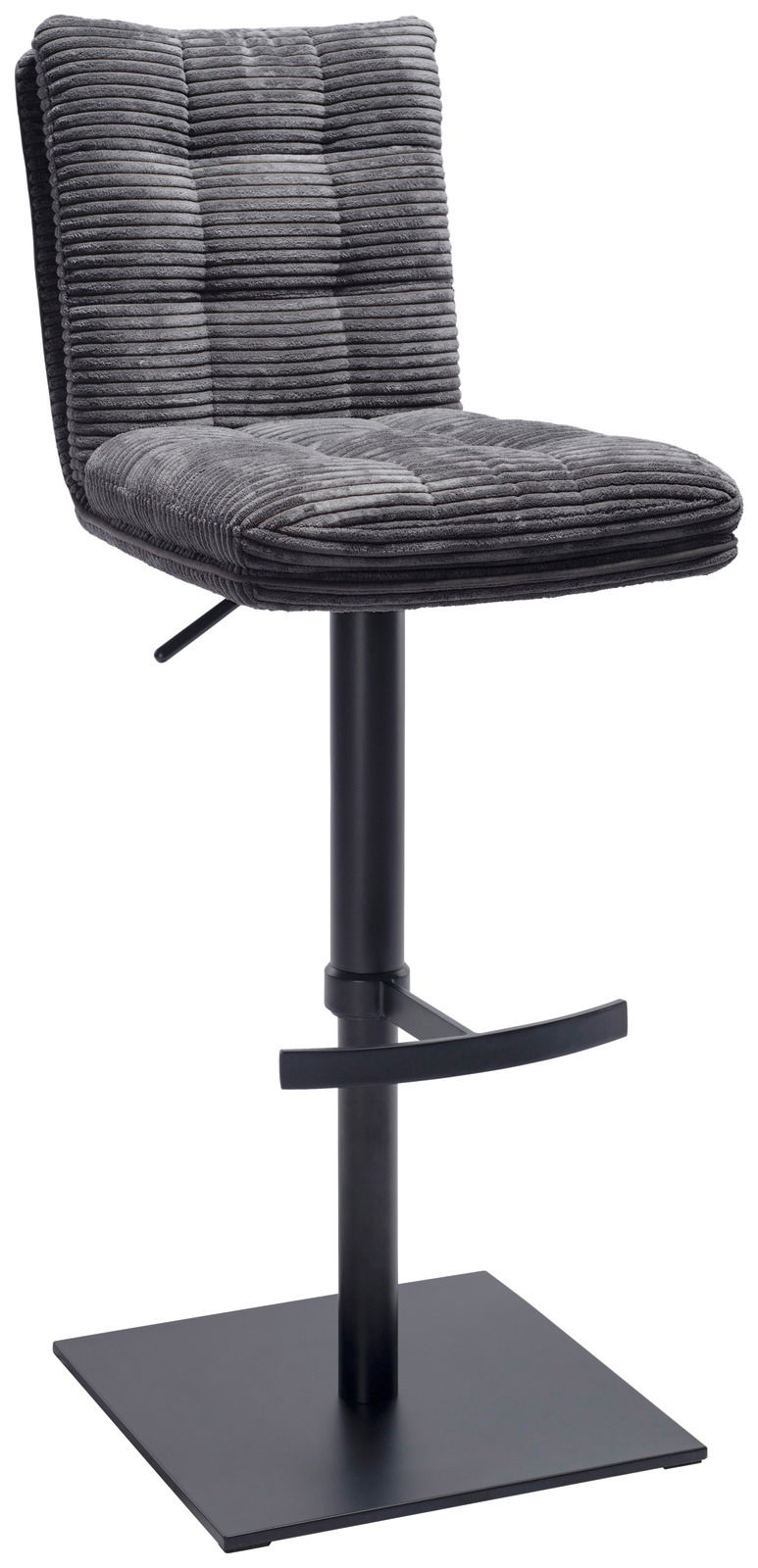 Stylife Barhocker POLLY Grauer Barhocker mit gestepptem Stoffbezug und schwarzem Metallgestell, seitliche Perspektive