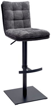 Grauer Barhocker mit gestepptem Stoffbezug und schwarzem Metallgestell, seitliche Perspektive
