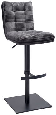 Grauer Barhocker mit gestepptem Stoffbezug und schwarzem Metallgestell, seitliche Perspektive
