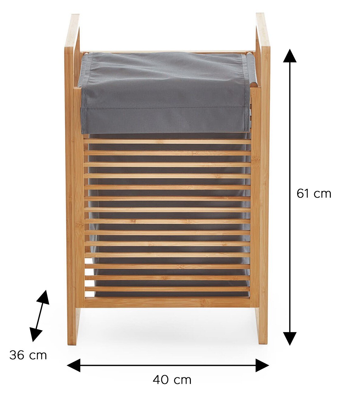 Bambus-Wäschekorb mit grauem Stoffeinsatz und Lamellenfront, Maße 40 x 36 x 61 cm, Frontansicht.