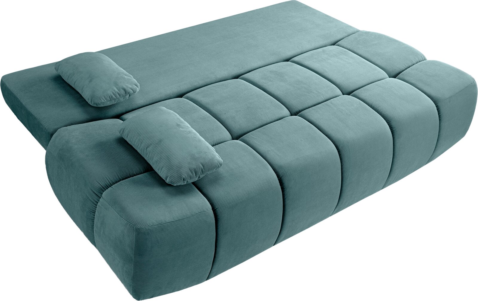 Schlafsofa in türkis aus der Vogelperspektive mit zwei Kissen