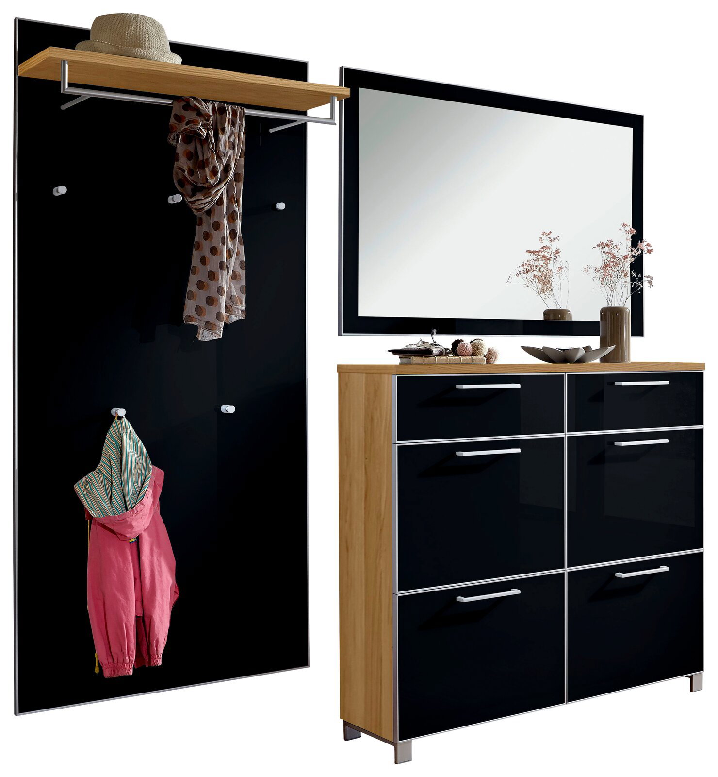 VOSS Garderoben-Set 3-tlg. SANTINA Garderoben-Set 3-tlg. in moderner schwarzer und holzfarbener Optik mit Spiegel, Schuhschrank und Hakenleiste, seitliche Perspektive