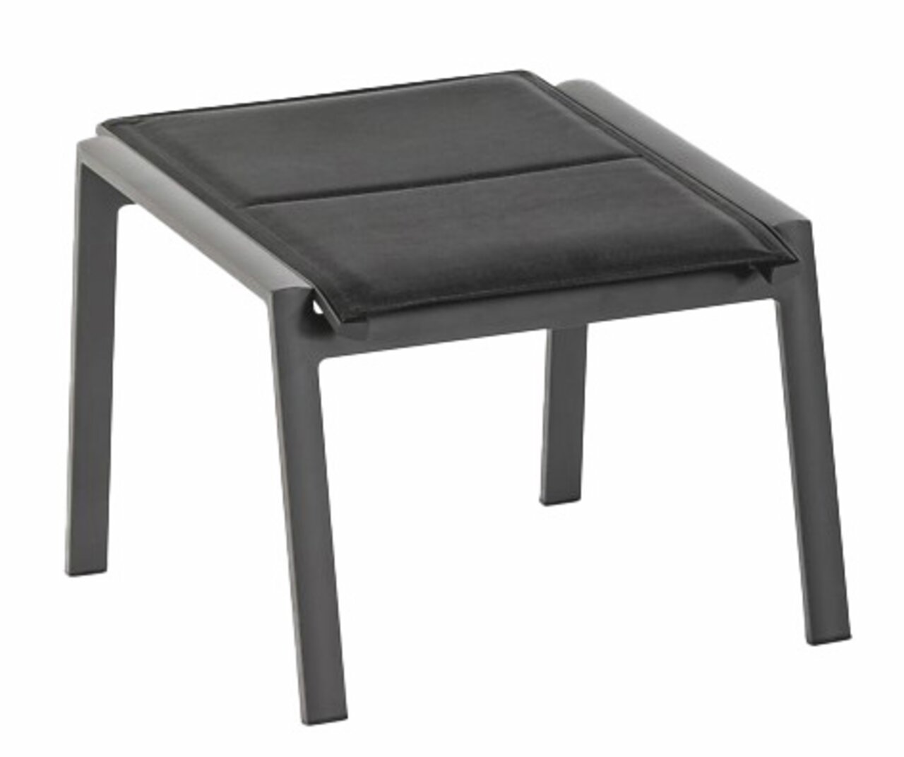 Moderner Hocker mit schwarzem Polster, seitliche Perspektive