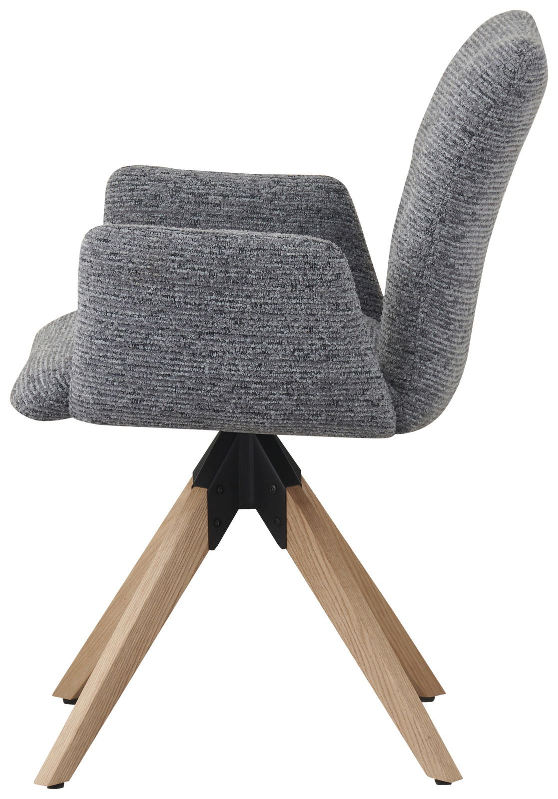 Z2 Armlehnstuhl DUSTIN Seitenansicht eines grauen Armlehnstuhls mit Holzbeinen und gepolstertem Sitz.