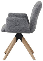 Seitenansicht eines grauen Armlehnstuhls mit Holzbeinen und gepolstertem Sitz.