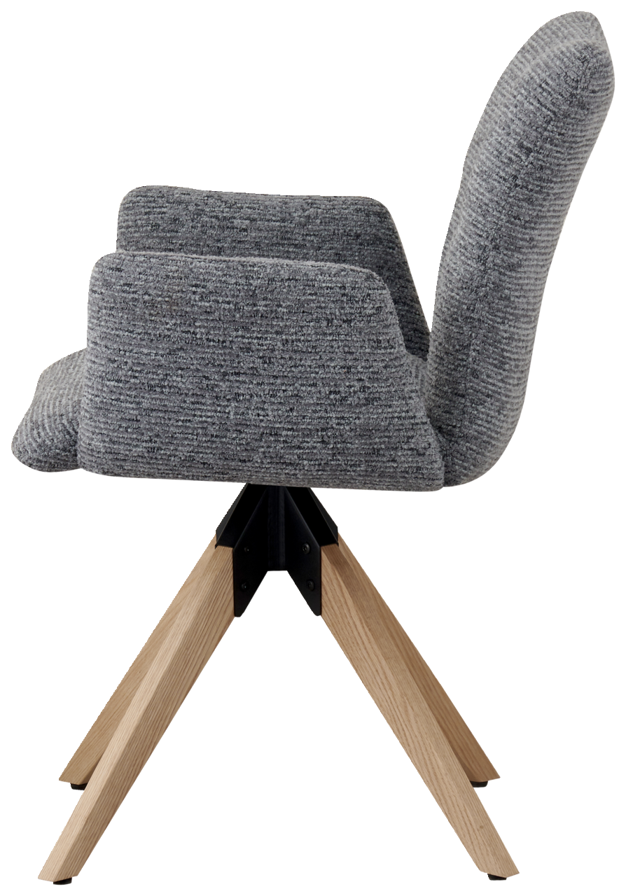 Z2 Armlehnstuhl DUSTIN Seitenansicht eines grauen Armlehnstuhls mit Holzbeinen und gepolstertem Sitz.