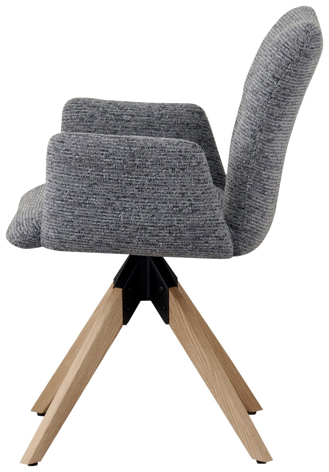 Z2 Armlehnstuhl DUSTIN Seitenansicht eines grauen Armlehnstuhls mit Holzbeinen und gepolstertem Sitz.