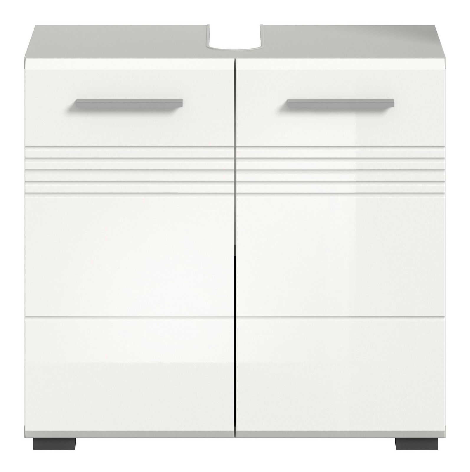 Moderner weißer Waschbeckenunterschrank mit zwei Türen und horizontalen Griffen, Frontalansicht