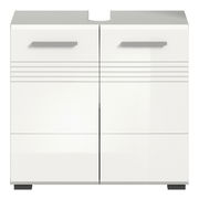 Moderner weißer Waschbeckenunterschrank mit zwei Türen und horizontalen Griffen, Frontalansicht