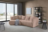 Beige Rundecke in modernem Wohnzimmer mit Blick auf Terrasse, seitliche Perspektive