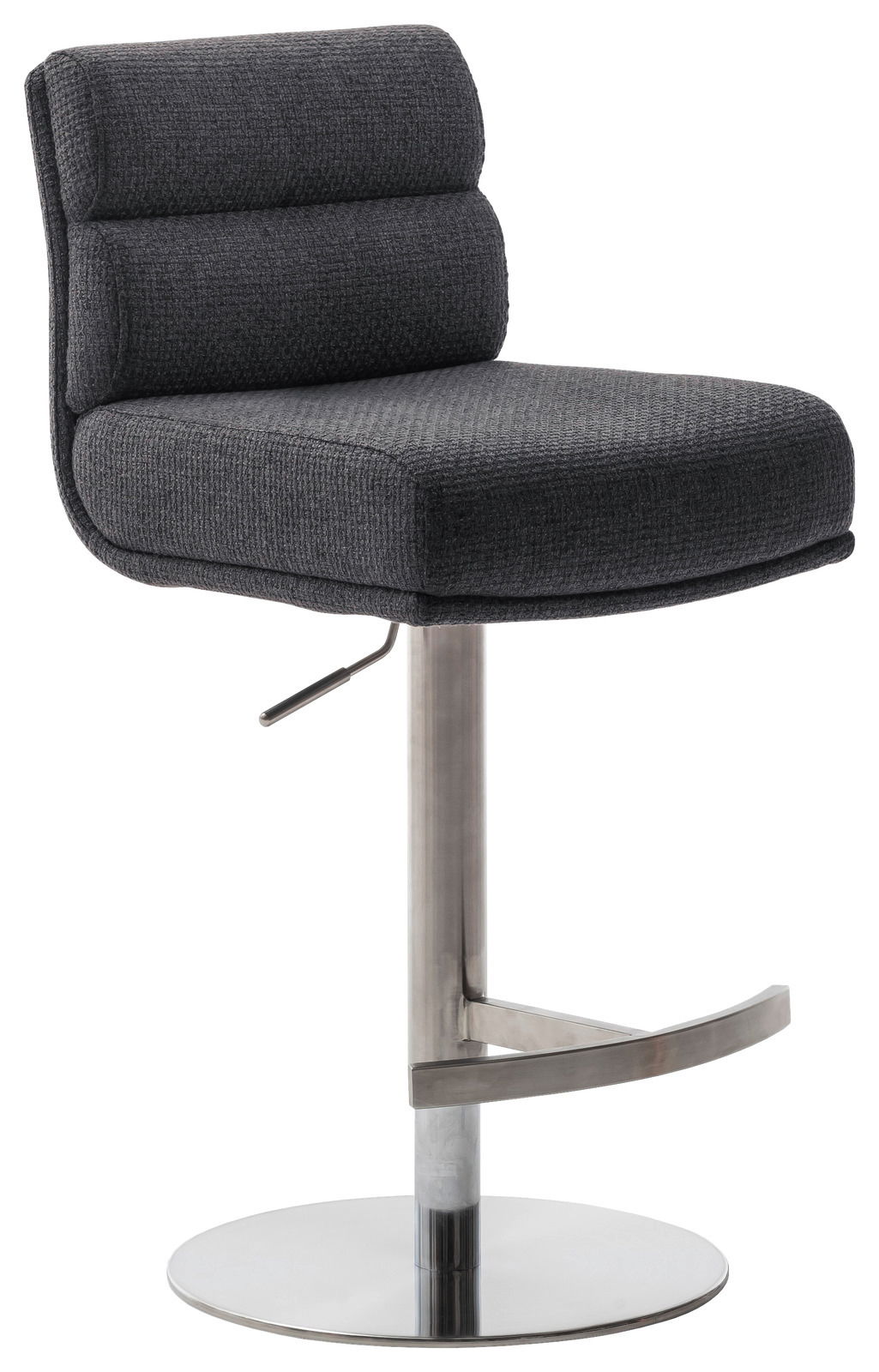 Dieter Knoll Barstuhl LEXINGTON Moderner Barstuhl mit gepolstertem, dunkelgrauem Sitz und Rückenlehne, verstellbarer Höhe und verchromtem Fuß, seitliche Perspektive