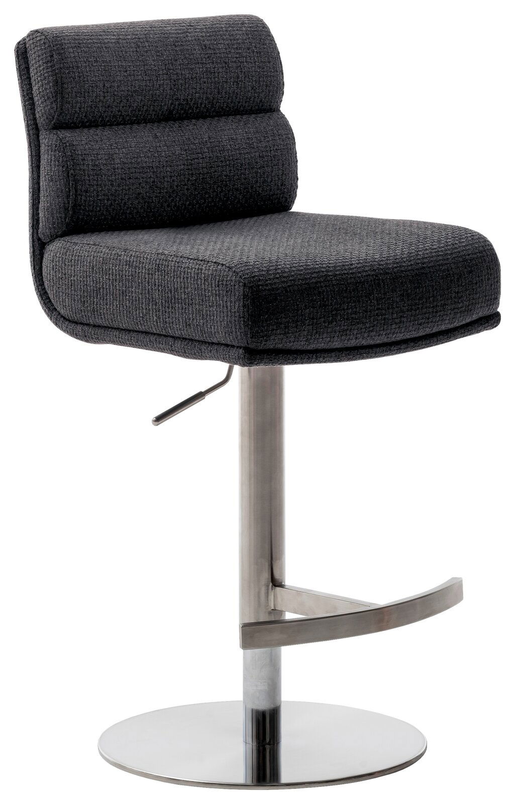 Moderner Barstuhl mit gepolstertem, dunkelgrauem Sitz und Rückenlehne, verstellbarer Höhe und verchromtem Fuß, seitliche Perspektive