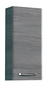 Grauer Wandschrank mit Holzmaserung und silbernem Griff, seitliche Perspektive