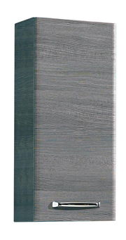 Grauer Wandschrank mit Holzmaserung und silbernem Griff, seitliche Perspektive