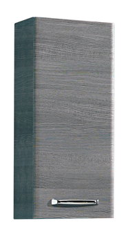 Grauer Wandschrank mit Holzmaserung und silbernem Griff, seitliche Perspektive