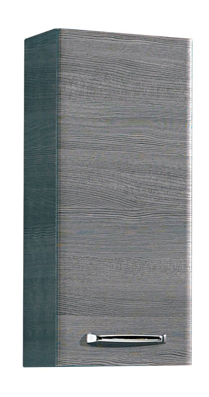 Grauer Wandschrank mit Holzmaserung und silbernem Griff, seitliche Perspektive