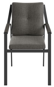 Moderner Gartensessel mit grauem Polster und schwarzem Metallrahmen, Frontalansicht