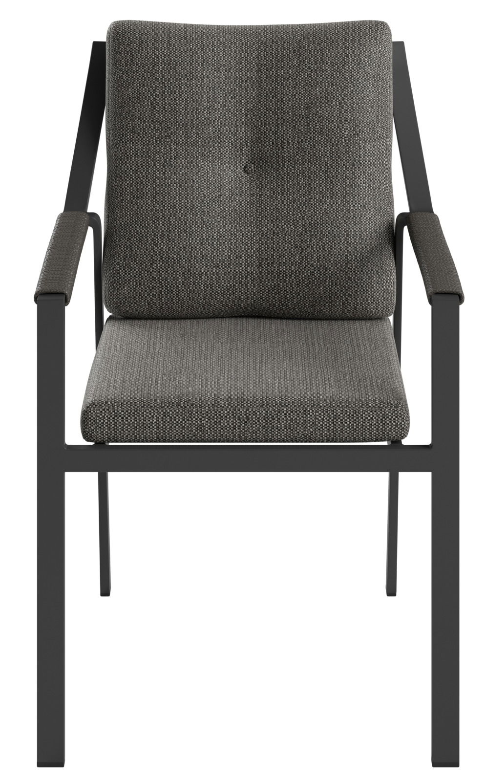 Moderner Gartensessel mit grauem Polster und schwarzem Metallrahmen, Frontalansicht