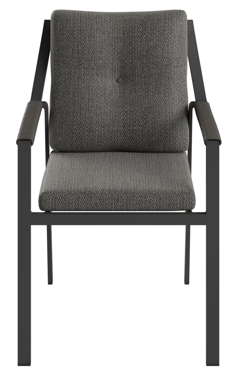 Moderne tuinstoel met grijze bekleding en zwart metalen frame, vooraanzicht