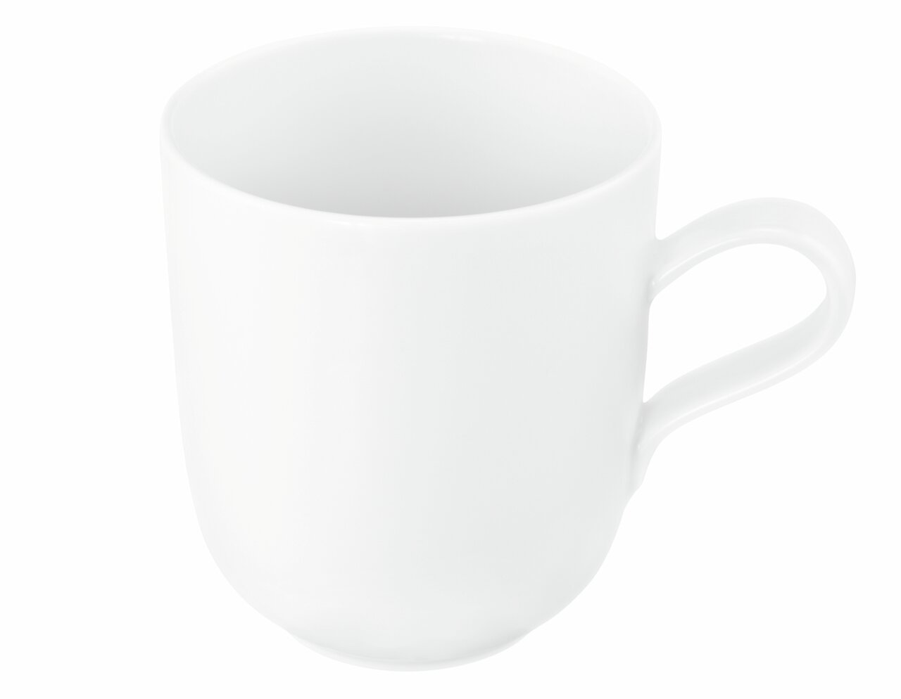 Weißer Becher mit Henkel, seitliche Perspektive