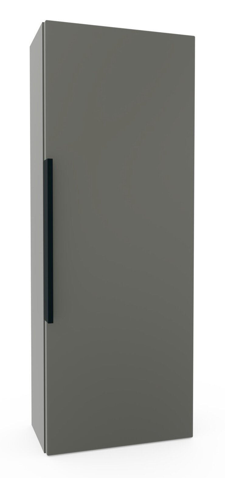 Novel Oberschrank NV.021 Grauer, moderner Schrank mit glatter Front und schwarzem, vertikalem Griff, freigestellt auf weißem Hintergrund, in schräger Frontansicht von links