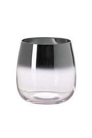 Klares Windlicht oder Vase aus Glas mit silbernem Farbverlauf, seitliche Perspektive