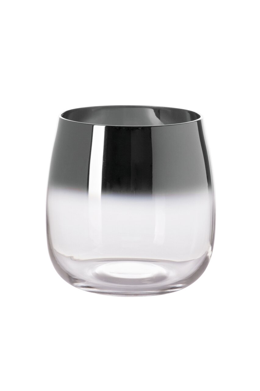 Klares Windlicht oder Vase aus Glas mit silbernem Farbverlauf, seitliche Perspektive