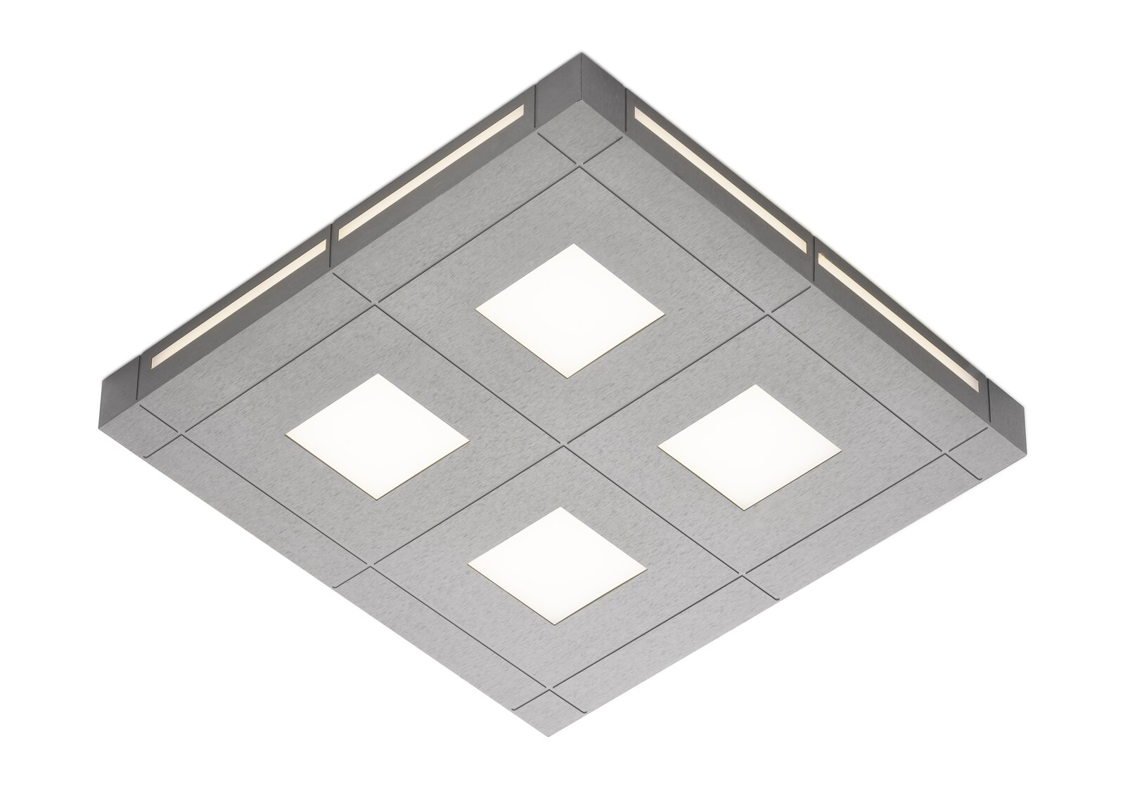 Moderne quadratische LED-Deckenleuchte in gebürsteter Metalloptik mit vier leuchtenden quadratischen Flächen und seitlichen Lichtleisten, aus schräger Untersicht dargestellt