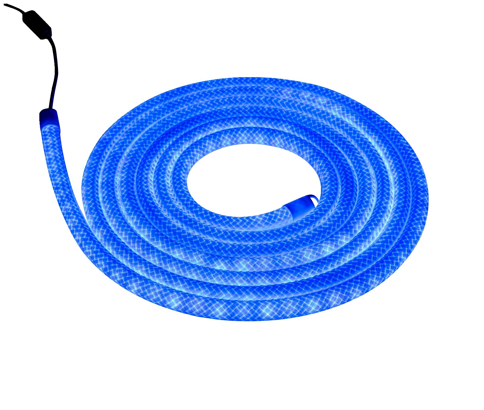 Blau leuchtender, geflochtener LED-Lichtschlauch mit schwarzem Anschlusskabel, spiralförmig aufgewickelt und aus schräger Draufsicht vor weißem Hintergrund gezeigt