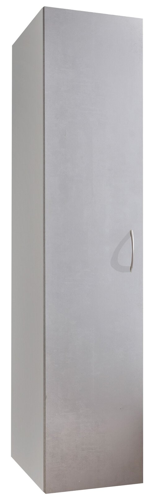 Moderner grauer Kleiderschrank mit einer Tür und silbernem Griff, seitliche Perspektive