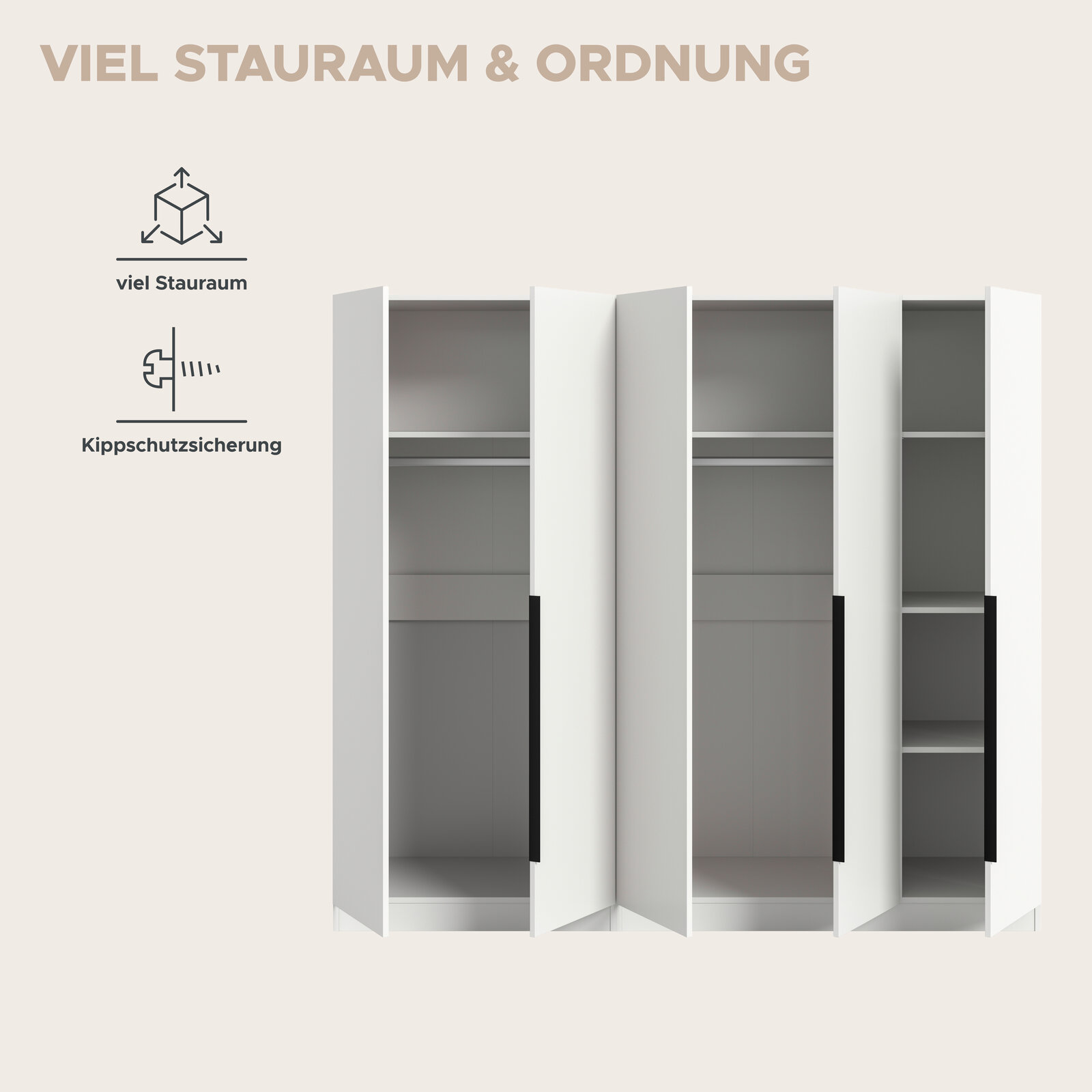 Weißer Kleiderschrank mit geöffneten Türen, viel Stauraum mit Kleiderstangen und Regalfächern sowie Kippschutzsicherung, Frontansicht.
