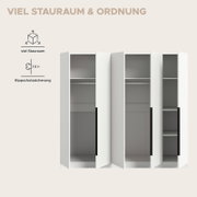 Weißer Kleiderschrank mit geöffneten Türen, viel Stauraum mit Kleiderstangen und Regalfächern sowie Kippschutzsicherung, Frontansicht.