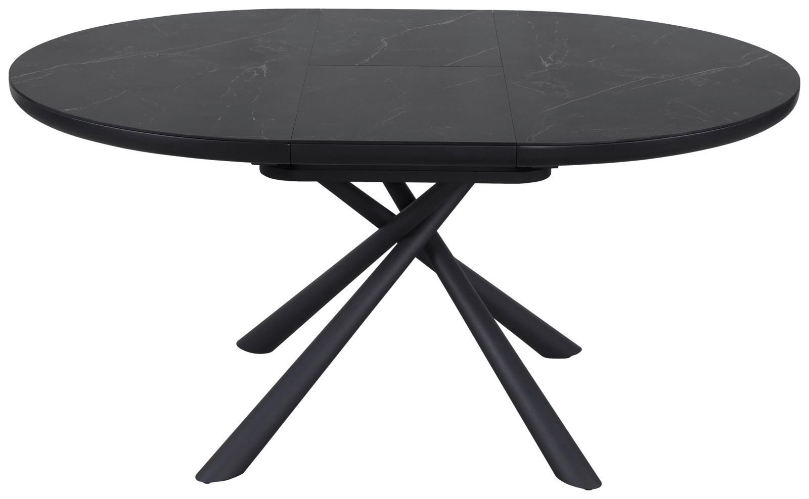 Runder Esstisch mit schwarzer Marmoroptik und gekreuzten Beinen, Frontalansicht